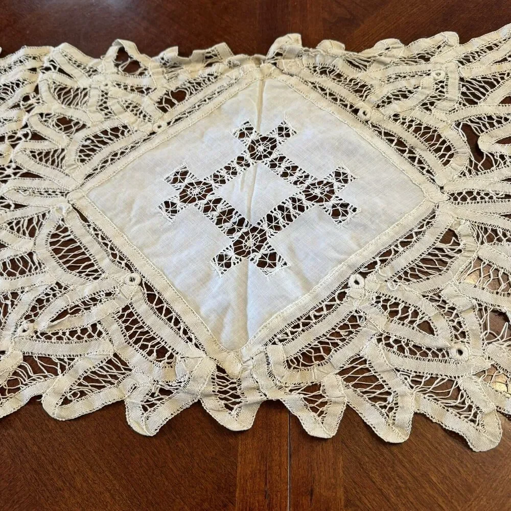 Antique Table Runner Dresser Scarf 50” X 15” Battenburg Lace hand stitched